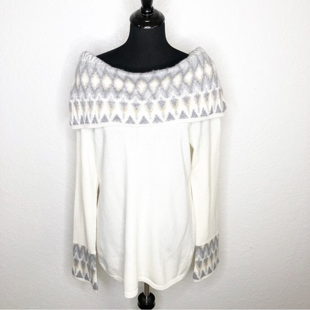 WHBM winter white gray geometric collar off shoulder tunic sweater size Large